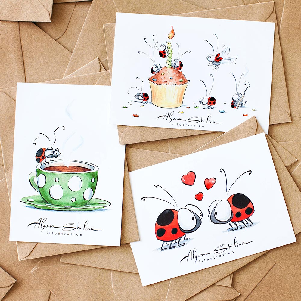 Funny postcards with cute ladybugs by Alyona Shilina illustration