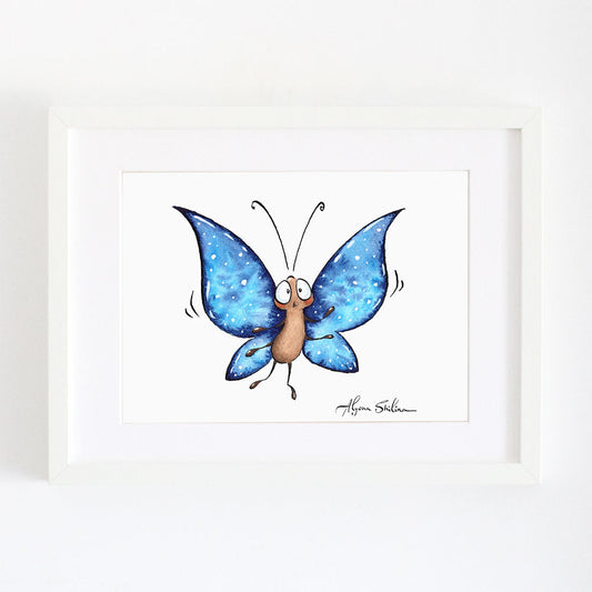 Cute blue butterfly art print by Alyona Shilina