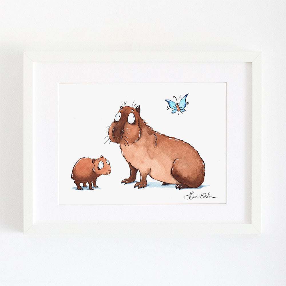 Capybara and its baby art print by Alyona Shilina