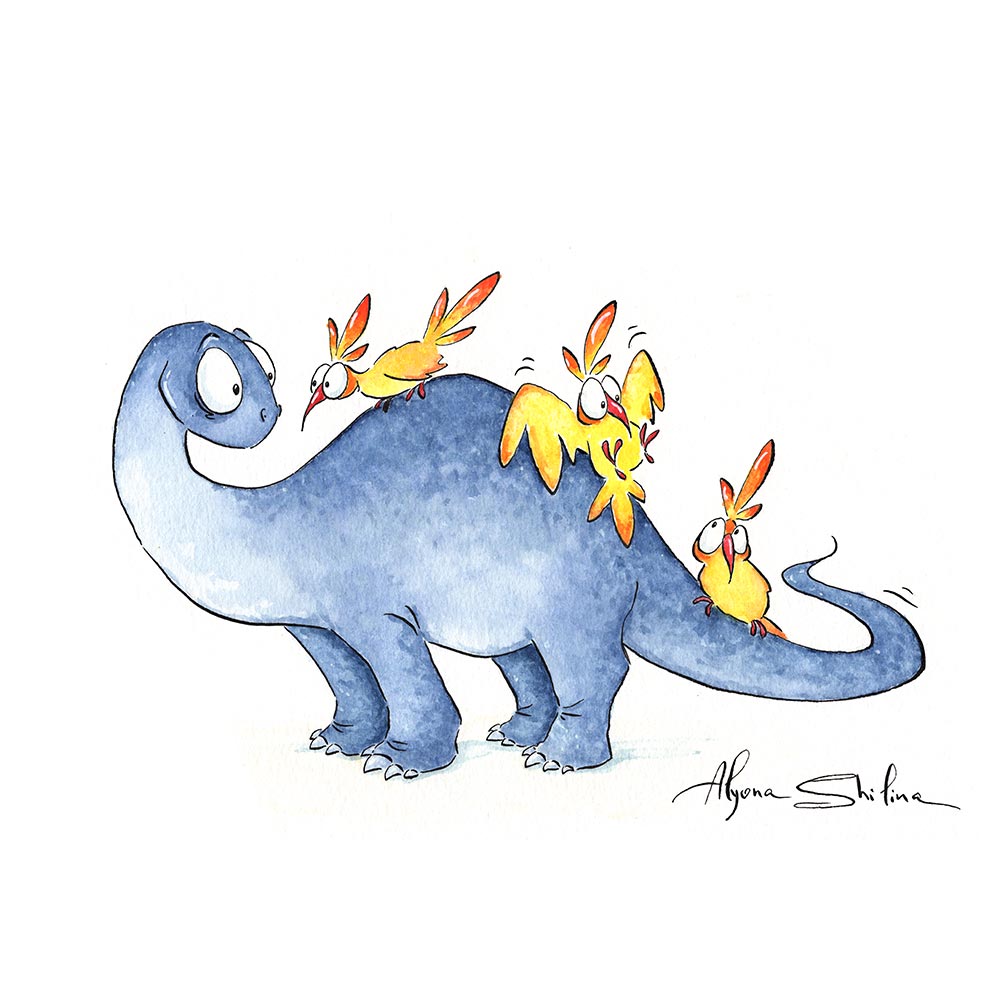 "Dino & Birds" original drawing