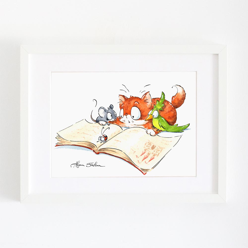 Cat, mouse, bird and ladybug watercolor illustration