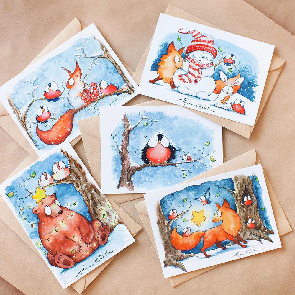 Funny postcards with winter characters by Alyona Shilina