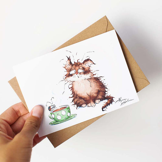 Postcard with funny Cat and Ladybug who love coffee